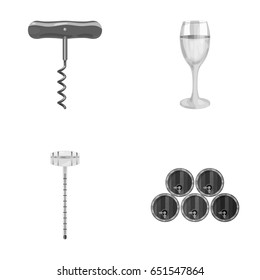 Corkscrew, alcohol counter, barrels in the vault, a glass of white wine. Wine production set collection icons in monochrome style vector symbol stock illustration web.