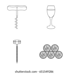 Corkscrew, alcohol counter, barrels in the vault, a glass of white wine. Wine production set collection icons in outline style vector symbol stock illustration web.