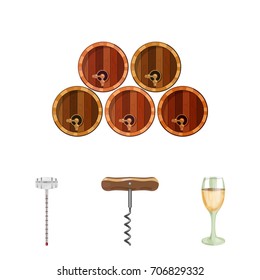 Corkscrew, alcohol counter, barrels in the vault, a glass of white wine. Wine production set collection icons in cartoon style vector symbol stock illustration web.