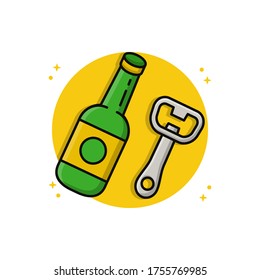 Corkscrew and Beer Bottle Vector Icon Illustration Conceptual. Bottle Softdrink Cartoon Design