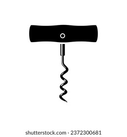 Corkscrew black icon for wine bottle isolated on white background. Old corkscrew with wooden handle.  Vector illustration flat design. Isolated on white background.