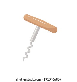 Corkscrew. Bottle opening tool. Steel spiral corkscrew with wooden handle. Isolated element. Vector illustration. Flat style.