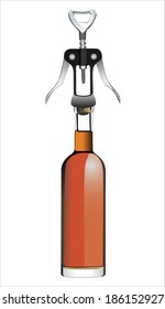 corkscrew with a bottle of wine isolated on a white background