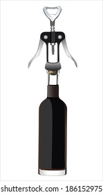 corkscrew with a bottle of wine isolated on a white background