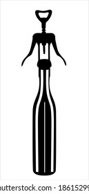 corkscrew with a bottle of wine isolated on a white background