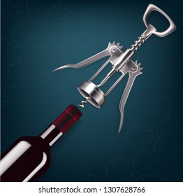 corkscrew and bottle of wine on blue background