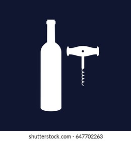 Corkscrew with bottle of wine on dark background. Vector illustration.
