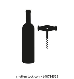 Corkscrew with bottle of wine on white background. Vector illustration.