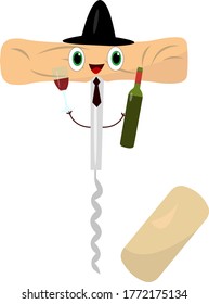 corkscrew cartoon character in hat and tie laughs and holds in his hands a bottle and a glass of red wine concept of a popular alcoholic drink made from grapes object on a white background