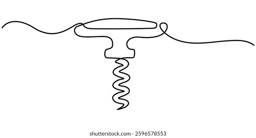 Corkscrew continuous line. Bottle-screw or win bottle opener. Vector illustration, Vector abstract continuous one single simple line drawing icon of wine bottle opener in silhouette sketch, continuous