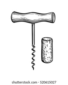 Corkscrew and cork. Hand drawn vector illustration. Isolated on white background. Retro style.