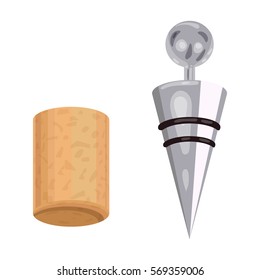 Corkscrew and cork icon in cartoon style isolated on white background. Wine production symbol stock vector illustration.