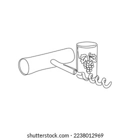 Corkscrew with cork in one line drawing style. Opener for alcoholic beverages. Metal spiral and wooden handle. Bottle-screw or wine bottle opener. Hand drawn vector illustration.