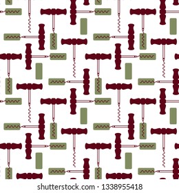 Corkscrew and cork. Seamless texture. Design element for winery, menu, wine tasting, shop.