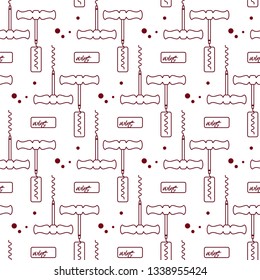 Corkscrew and cork. Seamless texture. Design element for winery, menu, wine tasting, shop.