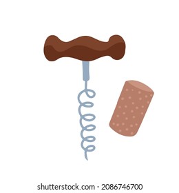Ilustración de corcho y corcho vectorial aislada en fondo blanco. Abridor de botellas y corcho de madera, corchete de espiral de acero con diseño de manecilla vintage. Elemento plano dibujado a mano.