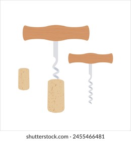 Corkscrew and corks vector illustrations collection. Professional wine bottle opener with wooden handle and bottle corks. Part of set.