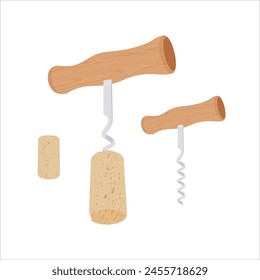 Corkscrew and corks vector illustrations collection. Professional wine bottle opener with wooden handle and bottle corks. Part of set.