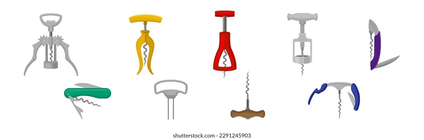 Corkscrew as Household Tool for Opening Wine Bottle Vector Set