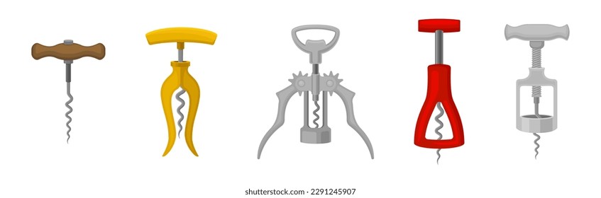 Corkscrew as Household Tool for Opening Wine Bottle Vector Set