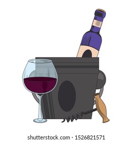 corkscrew an ice bucket with wine bottle and glass over white background, vector illustration