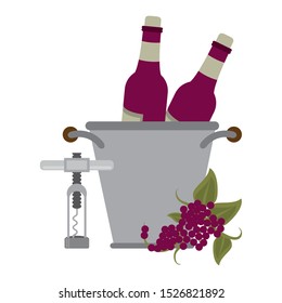 corkscrew and ice bucket with wine bottles over white background, vector illustration