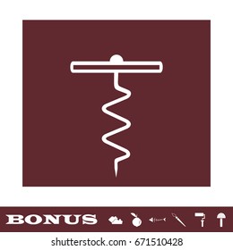 Corkscrew icon flat. White pictogram on brown background. Vector illustration symbol and bonus icons