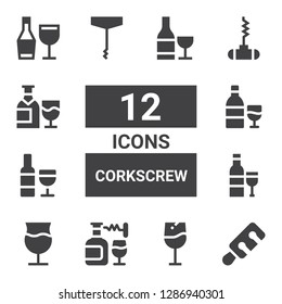 corkscrew icon set. Collection of 12 filled corkscrew icons included Wine, Corkscrew, Bottle opener