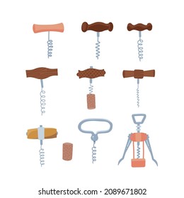 Corkscrew icons set. Flat collection of cork screw for vine bottles vector illustrations isolated on white