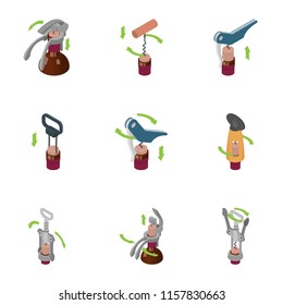 Corkscrew icons set. Isometric set of 9 corkscrew vector icons for web isolated on white background