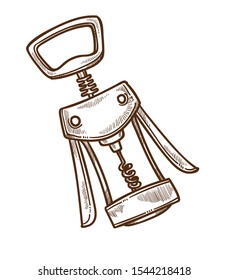 Corkscrew isolated sketch, mechanic bottle opener, restaurant and kitchen equipment vector. Winemaking industry, wine cork removal tool, sommelier accessory. Cafe or home tool with sharp spiral