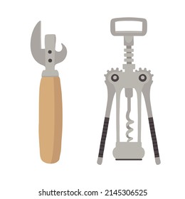 Corkscrew And Manual Can Opener. Kitchen Utensils. Hand Drawn Vector Illustration Isolated On White Background.