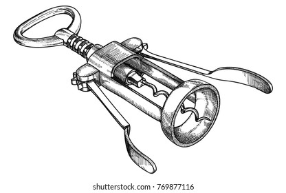 Corkscrew mechanical, for opening wine bottles, black and white vector illustration by hand on a white background


