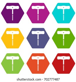 Corkscrew with a metal spiral icon set many color hexahedron isolated on white vector illustration