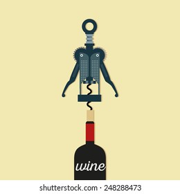 Corkscrew modern  with bottle of wine Vector illustration
