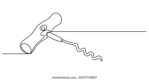 Corkscrew one line continuous drawing. Kitchen tools continuous one line illustration. Vector minimalist linear illustration, Corkscrew icon one line continuous vector drawing. Minimal illustration. 