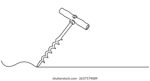 Corkscrew one line continuous drawing. Kitchen tools continuous one line illustration. Vector minimalist linear illustration, Corkscrew icon one line continuous vector drawing. Minimal illustration. 