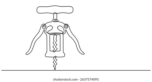 Corkscrew one line continuous drawing. Kitchen tools continuous one line illustration. Vector minimalist linear illustration, Corkscrew icon one line continuous vector drawing. Minimal illustration. 