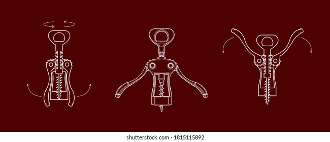 corkscrew realistic thin line illustration. attribute to open a bottle. different positions of the corkscrew - infographic