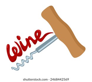 Corkscrew with red word wine. Vector isolated illustration.