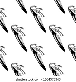 Corkscrew seamless pattern. Engraving style. Sommelier knife backdrop. Engraving vintage style. Design for fabric, textile print, wrapping paper. Vector illustration