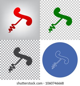 Corkscrew sign illustration. Vector. 4 styles. Red gradient in radial lighted background, green flat and gray scribble icons on transparent and linear one in blue circle.