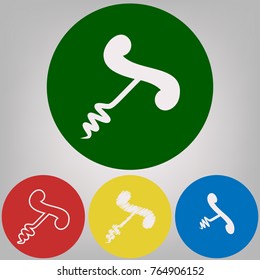 Corkscrew sign illustration. Vector. 4 white styles of icon at 4 colored circles on light gray background.