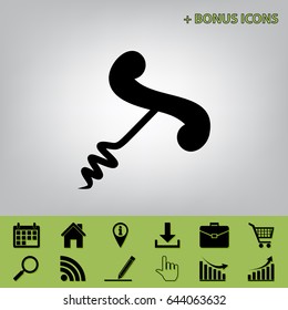 Corkscrew sign illustration. Vector. Black icon at gray background with bonus icons