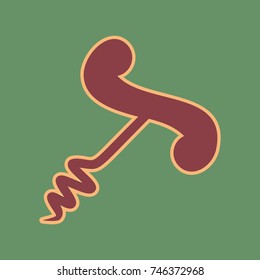Corkscrew sign illustration. Vector. Cordovan icon and mellow apricot halo with light khaki filled space at russian green background.