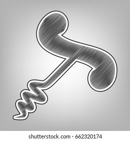 Corkscrew sign illustration. Vector. Pencil sketch imitation. Dark gray scribble icon with dark gray outer contour at gray background.
