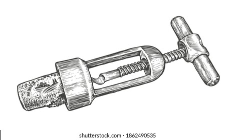 Corkscrew sketch. Wine opener vintage vector illustration