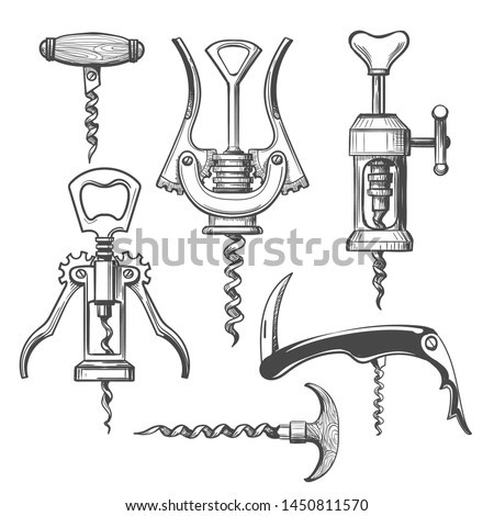 Corkscrew sketch. Wine opening corkscrews hand drawn vector illustration, bartender bottle open tool, winery bottling tasting room corks crew elements isolated