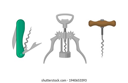 Corkscrew as Tool for Drawing Corks from Wine Bottles Vector Set