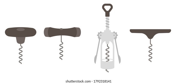 Corkscrew tool. Kitchenware accessory collection. Bottle corks opener variability. Flat vector.